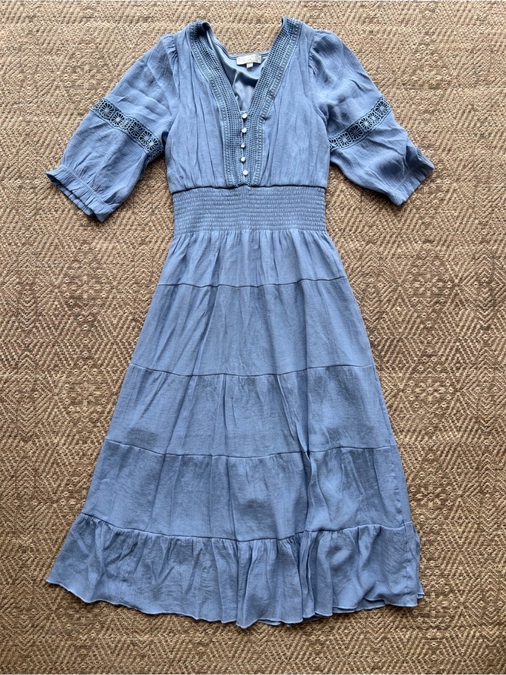 J Gee Blue Tiered Midi Dress Smocked Waist Puff Sleeve Womens Large